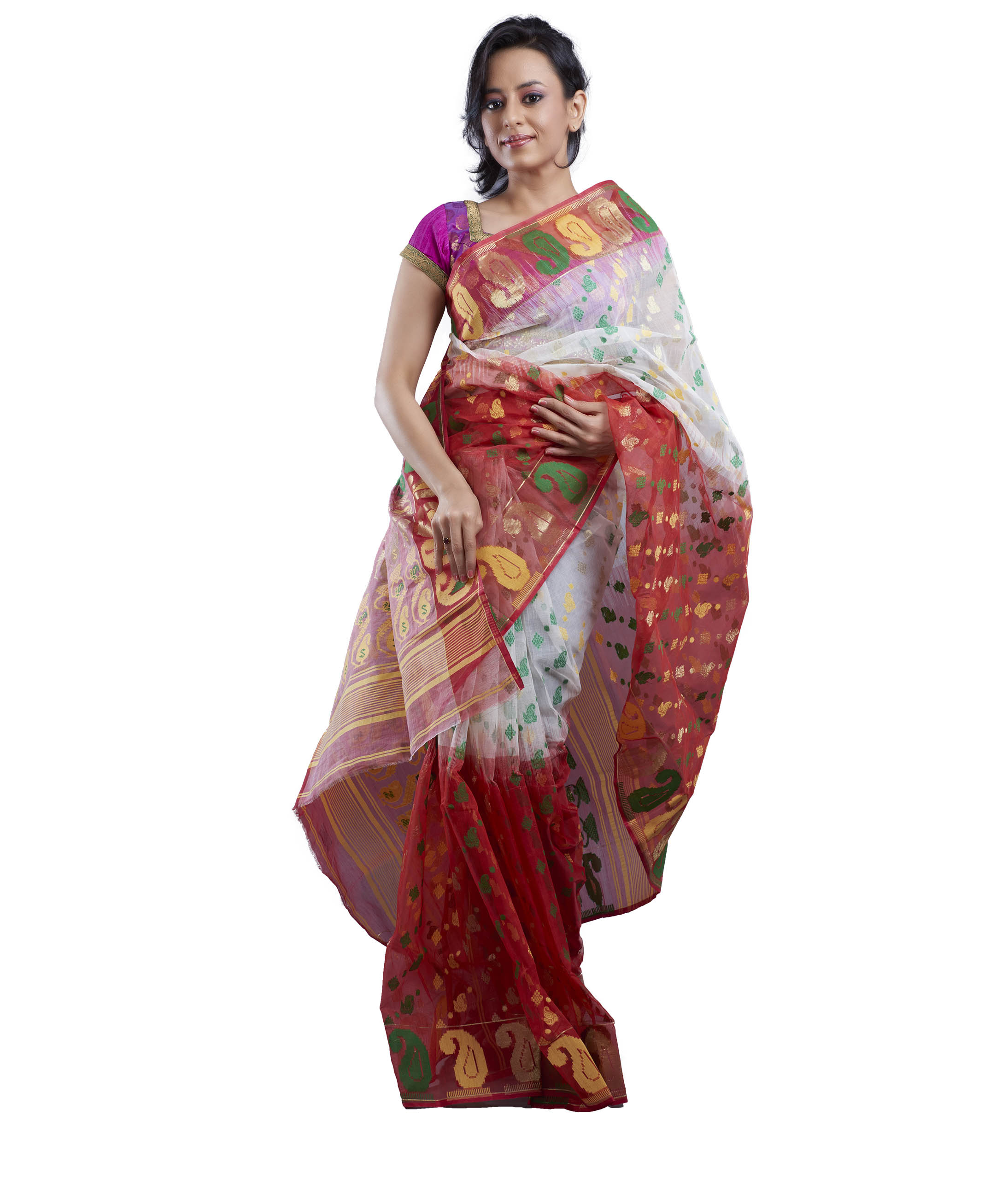 Buy PuJoy Women Pure Cotton Raj Nandini Designing Bengal Tant Saree (White  Red) Online In India At Discounted Prices