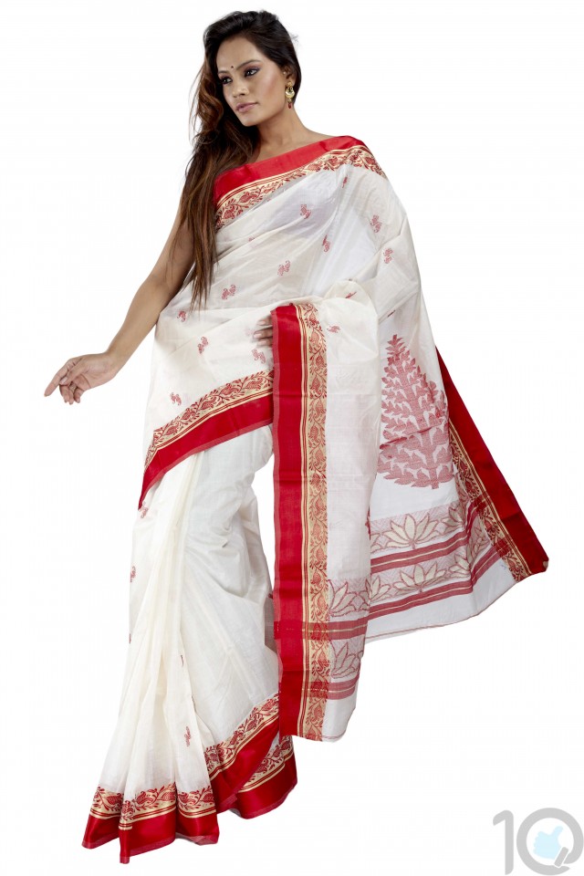 Bengal Tant Sarees | Off white with Red border | 26