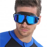 10Dare Pro Swimming Goggles Large Polarised | Anti Fog/UV Electroplated Mirror Finish Glasses | UV Protection for Eyes | Black Frame, Blue Trims