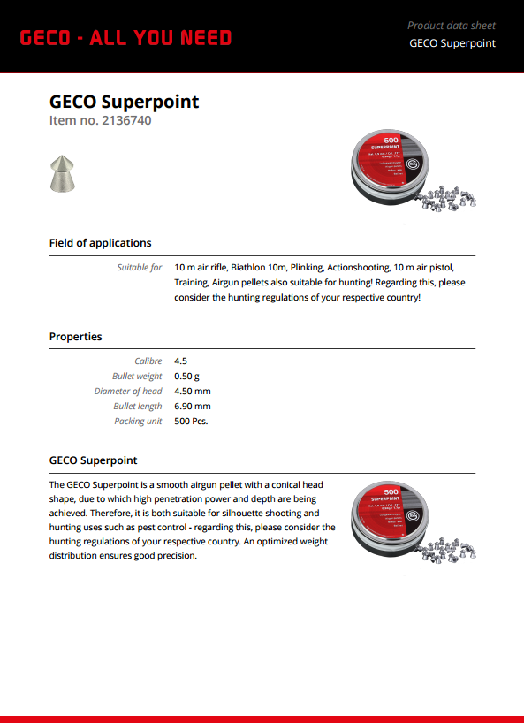 Geco Super Point Pellets Specification Document