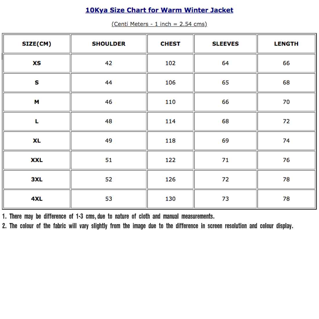 Thick Winter Coat Size Chart - 10kya.com