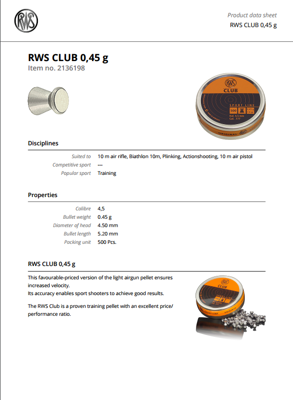 RWS Club Data Sheet